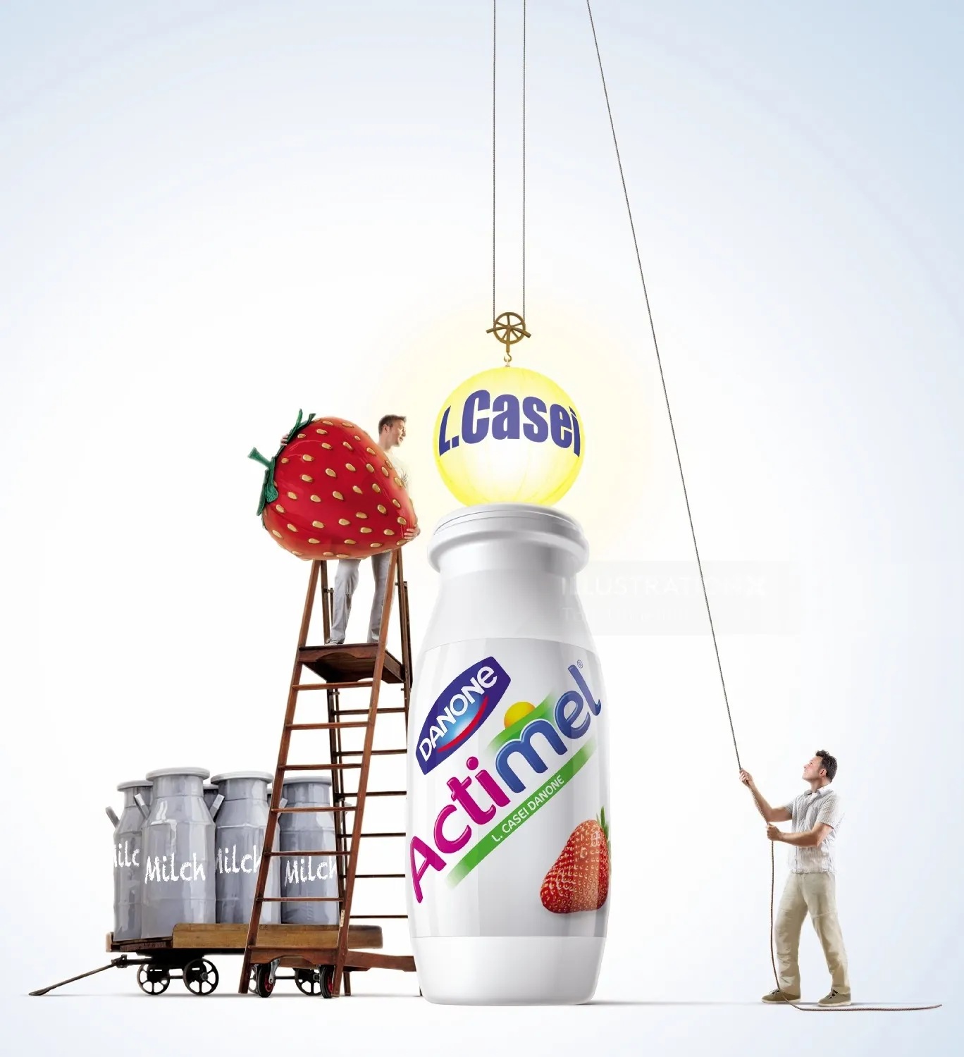 Strawberry being lifted above Actimel bottle by man pulling rope, artwork by Tom Ungemach