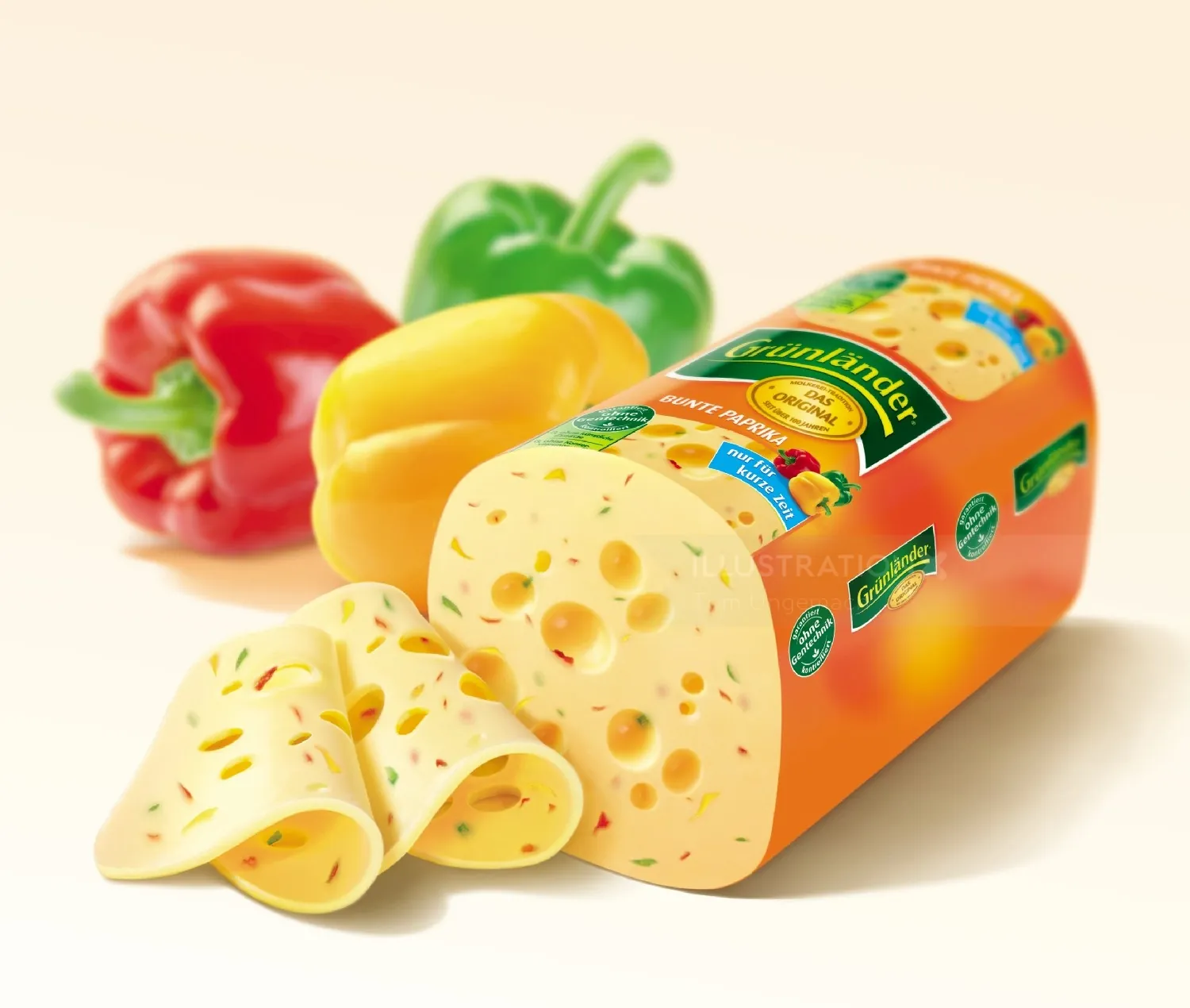Sliced Swiss cheese with red, yellow, and green bell peppers by Tom Ungemach