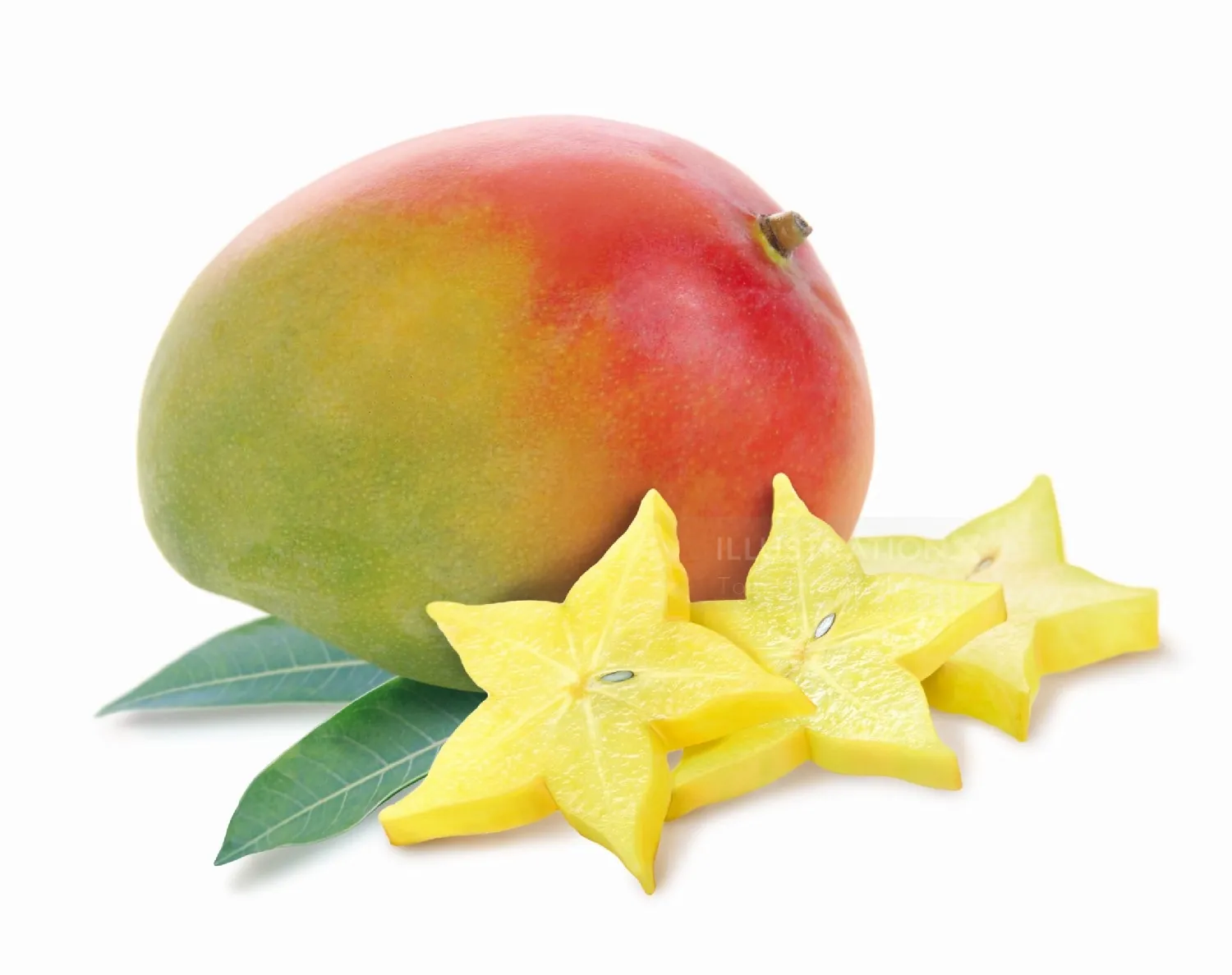 Ripe mango with starfruit slices and green leaves by Tom Ungemach