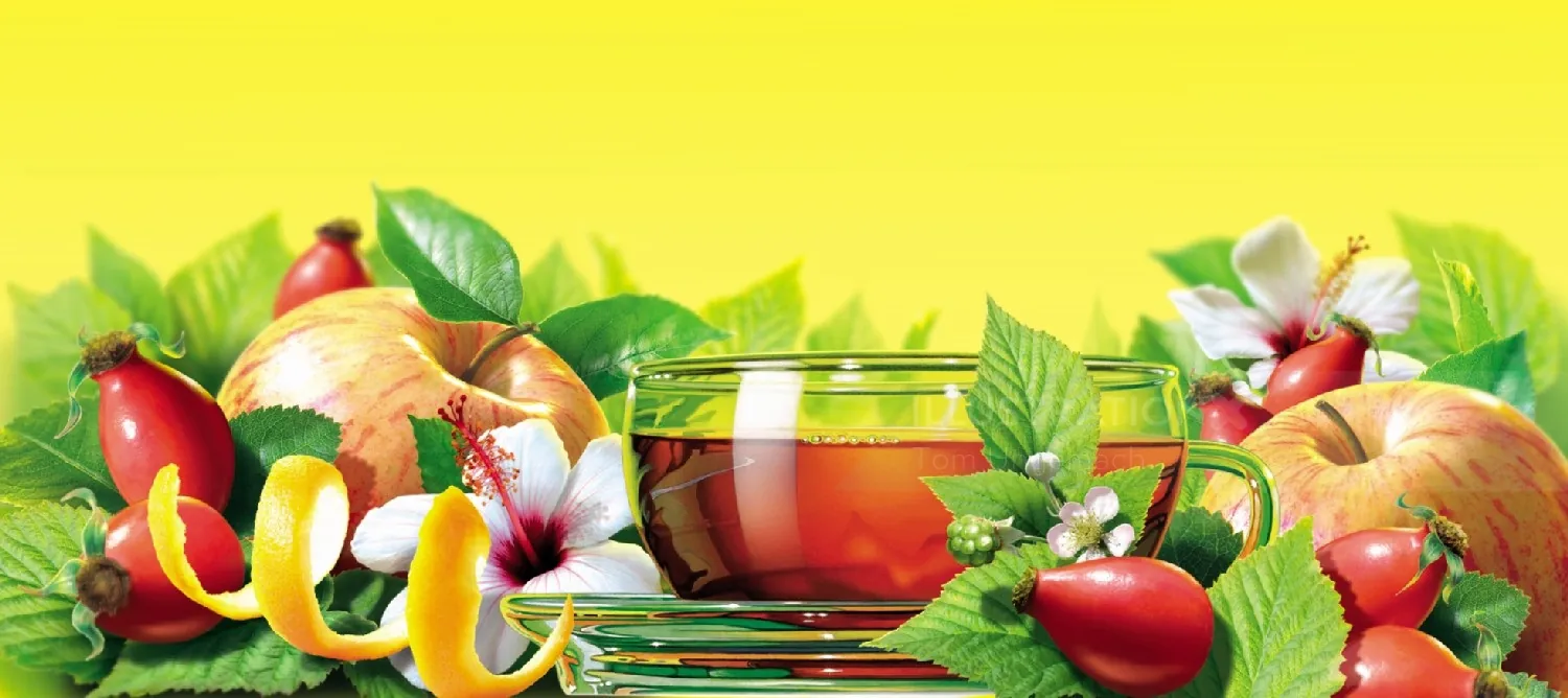 Colorful fresh fruits and tea cup arranged with herbs by Tom Ungemach