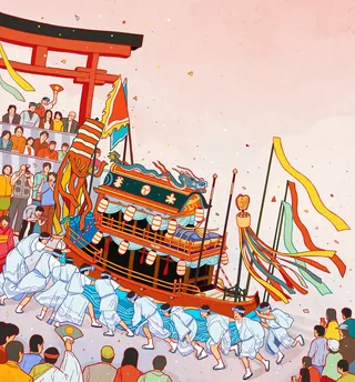 Illustration of a Japanese festival float carried by participants, by Toma Nguyen
