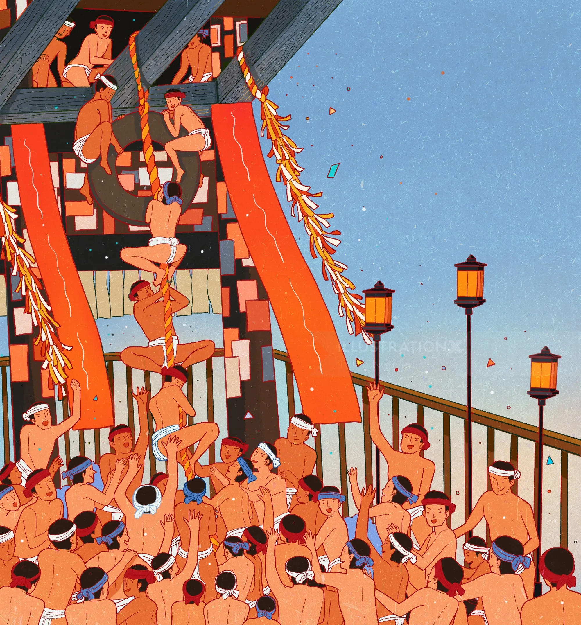 Japanese festival scene with lanterns and people, artwork by Toma Nguyen