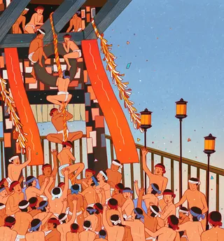 Japanese festival scene with lanterns and people, artwork by Toma Nguyen