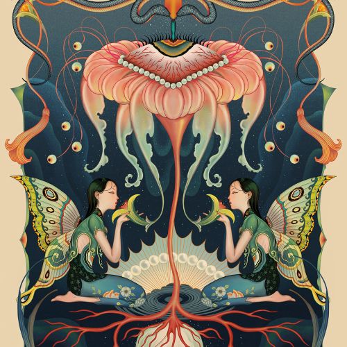 Fantasy nature rebirth artwork by Toma Nguyen showing mirrored fairy figures