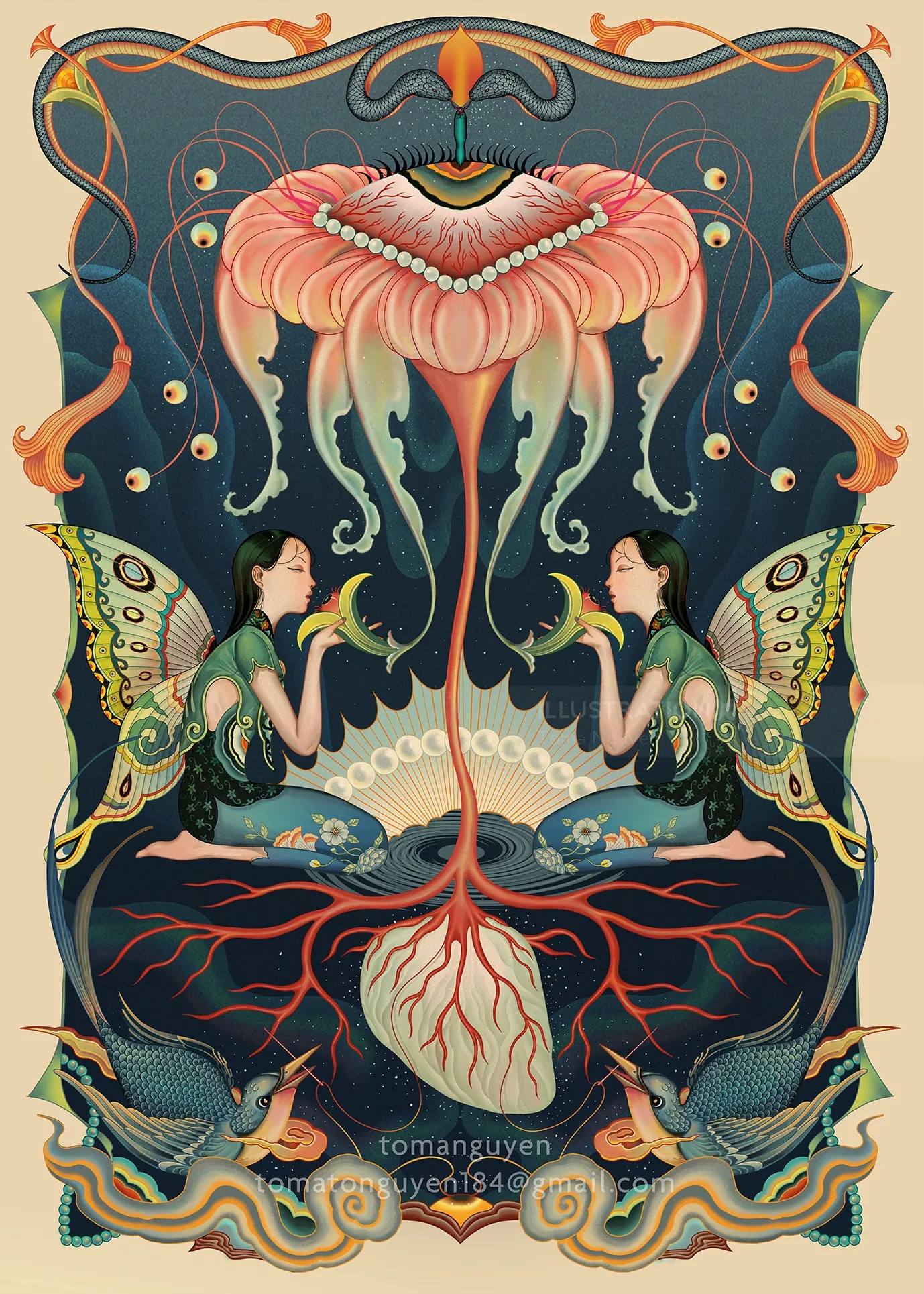 Fantasy nature rebirth artwork by Toma Nguyen showing mirrored fairy figures
