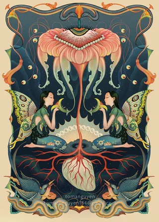 Fantasy nature rebirth artwork by Toma Nguyen showing mirrored fairy figures