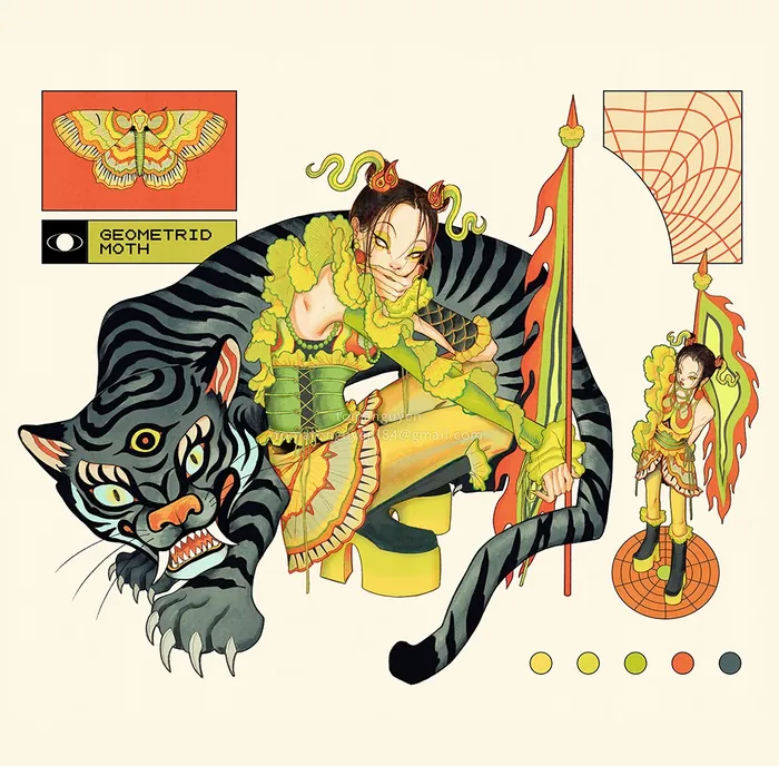 Character design featuring geometric moth motifs by Toma Nguyen