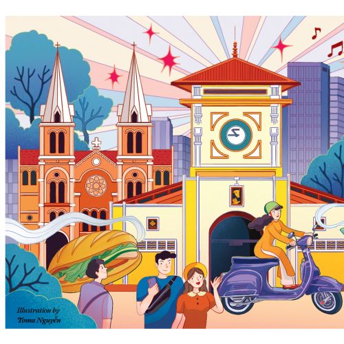 Illustration of Ho Chi Minh City landmarks and tourists by Toma Nguyen