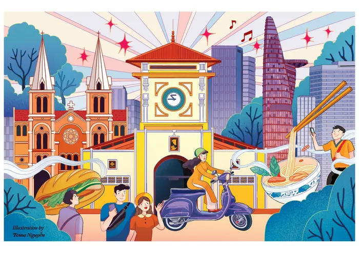 Illustration of Ho Chi Minh City landmarks and tourists by Toma Nguyen