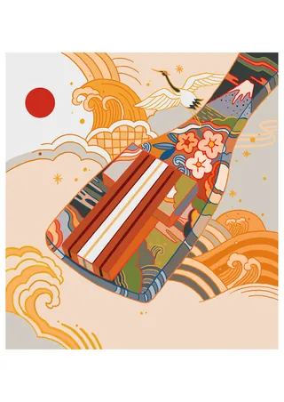 Decorated guitar with Japanese patterns and crane by Toma Nguyen