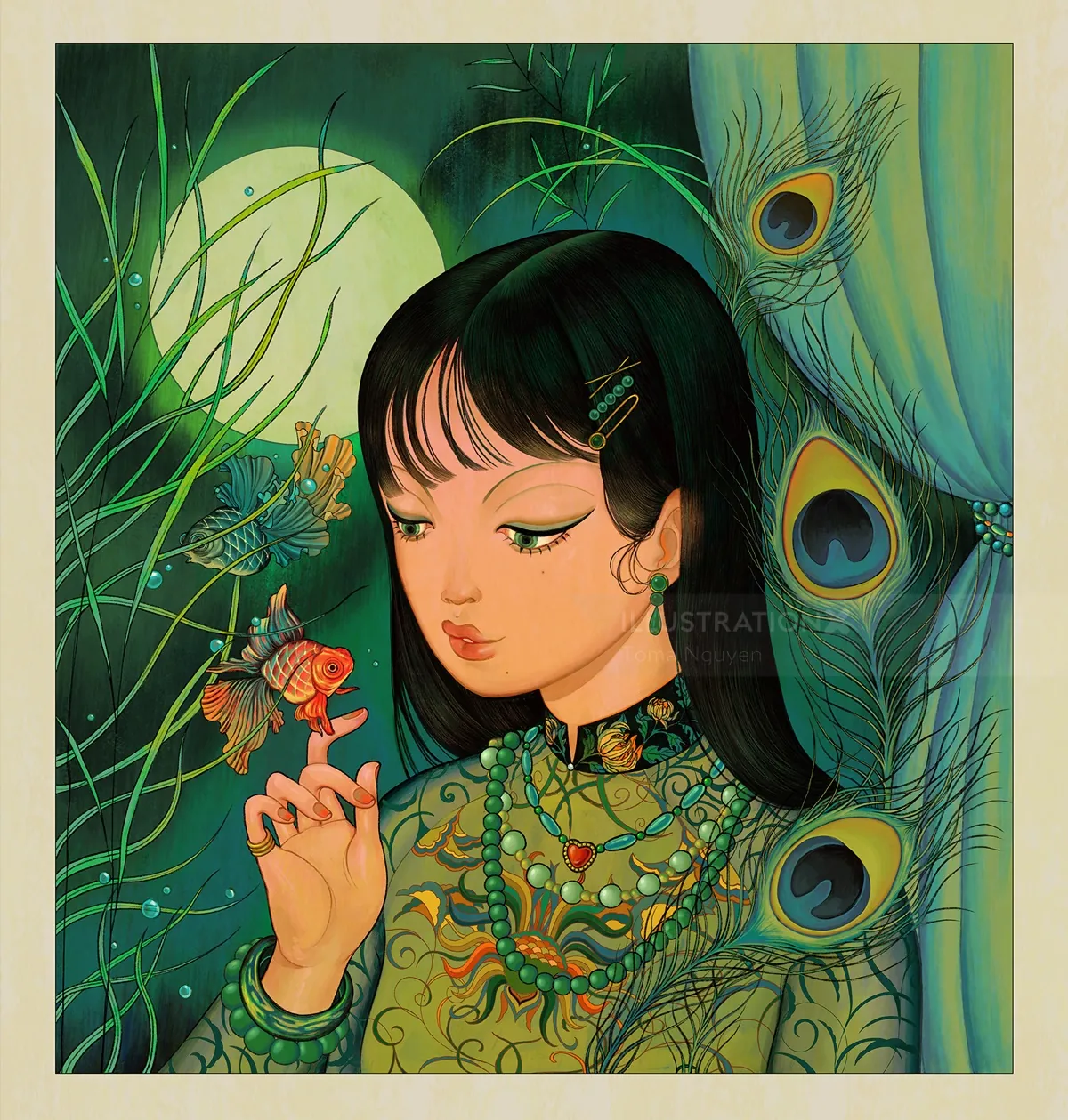 Portrait of a young woman with peacock feathers by Toma Nguyen