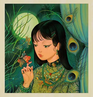Portrait of a young woman with peacock feathers by Toma Nguyen