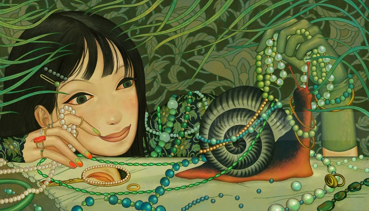 Woman smiling surrounded by jewelry and a large snail by Toma Nguyen