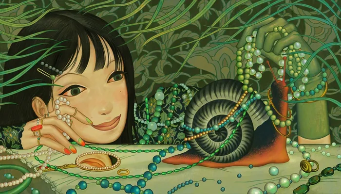 Woman smiling surrounded by jewelry and a large snail by Toma Nguyen