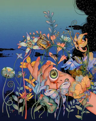 Surreal garden scene with flowers and a face featuring an eye, by Toma Nguyen