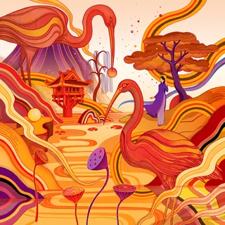 Surreal landscape featuring flamingos, pagoda, and a person, by Toma Nguyen