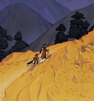 Two hikers climbing a steep mountain path at dusk by Toma Nguyen