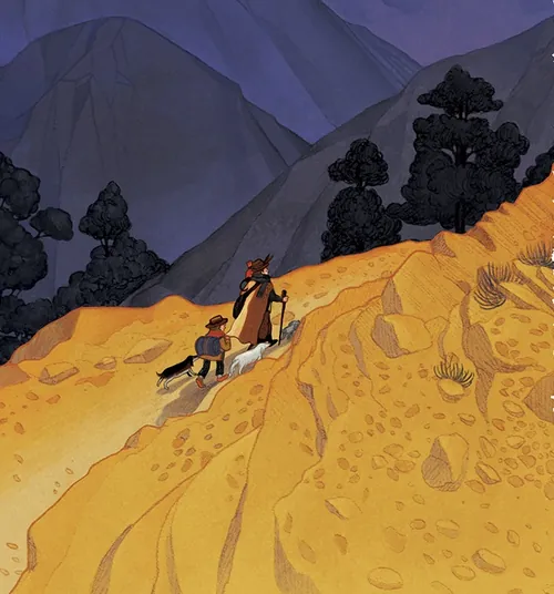 Two hikers climbing a steep mountain path at dusk by Toma Nguyen