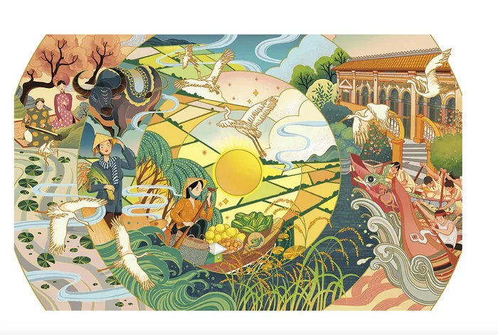 Colorful illustration of Vietnamese rice packaging by Toma Nguyen