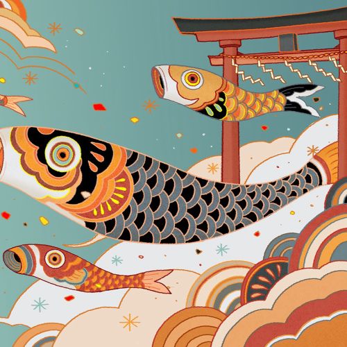Japan travel illustration featuring koi fish and a traditional torii gate by Toma Nguyen