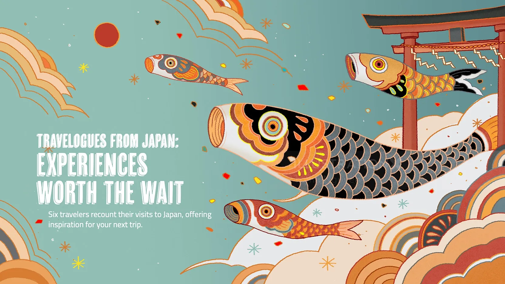 Japan travel illustration featuring koi fish and a traditional torii gate by Toma Nguyen