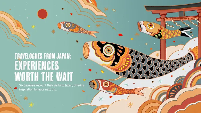 Japan travel illustration featuring koi fish and a traditional torii gate by Toma Nguyen
