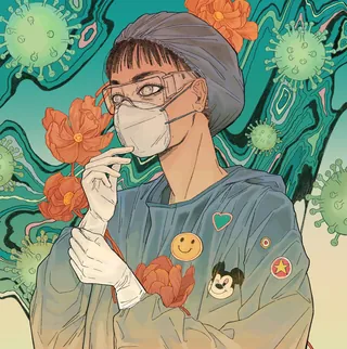Illustrated portrait of an anti-epidemic doctor wearing mask and gloves by Toma Nguyen