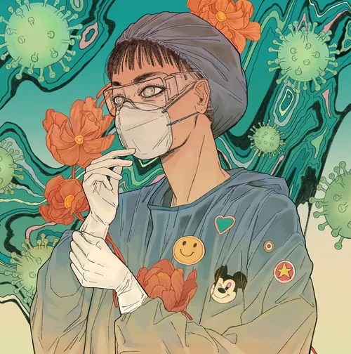 Illustrated portrait of an anti-epidemic doctor wearing mask and gloves by Toma Nguyen
