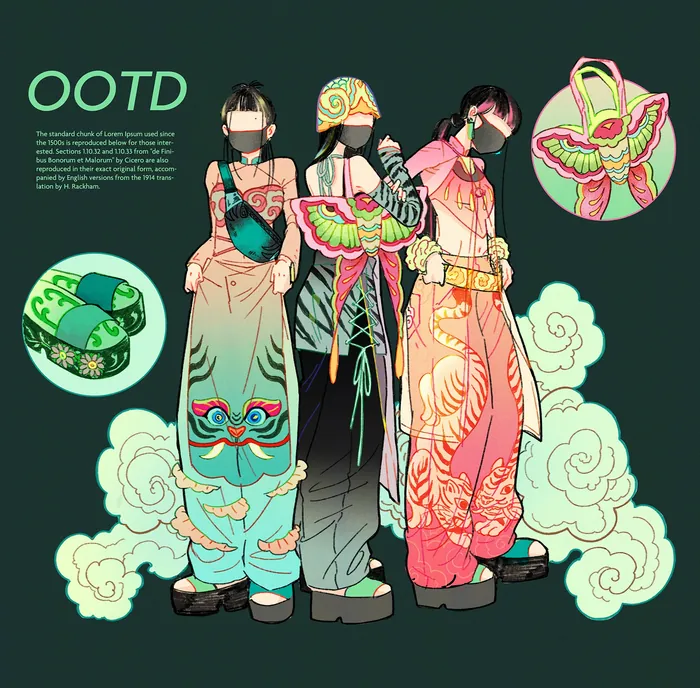 Three women wearing colorful stylized Vietnamese Ao Dai dresses by Toma Nguyen