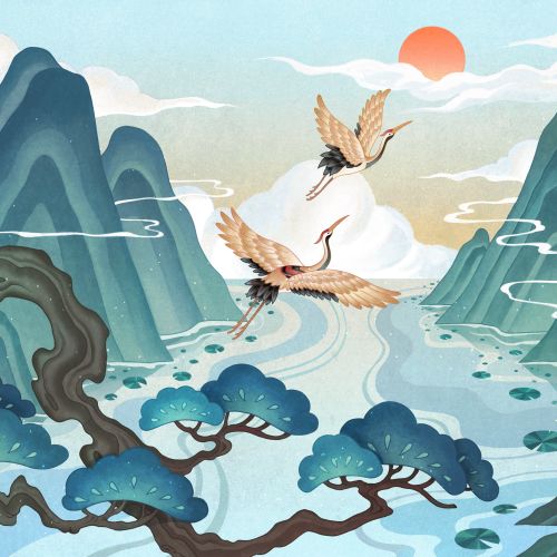 Cranes flying over mountains with trees and a rising sun by Toma Nguyen