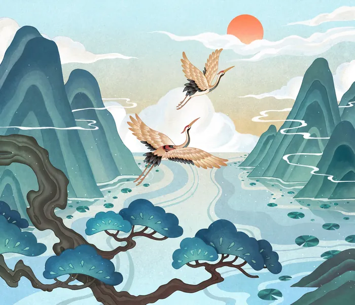Cranes flying over mountains with trees and a rising sun by Toma Nguyen