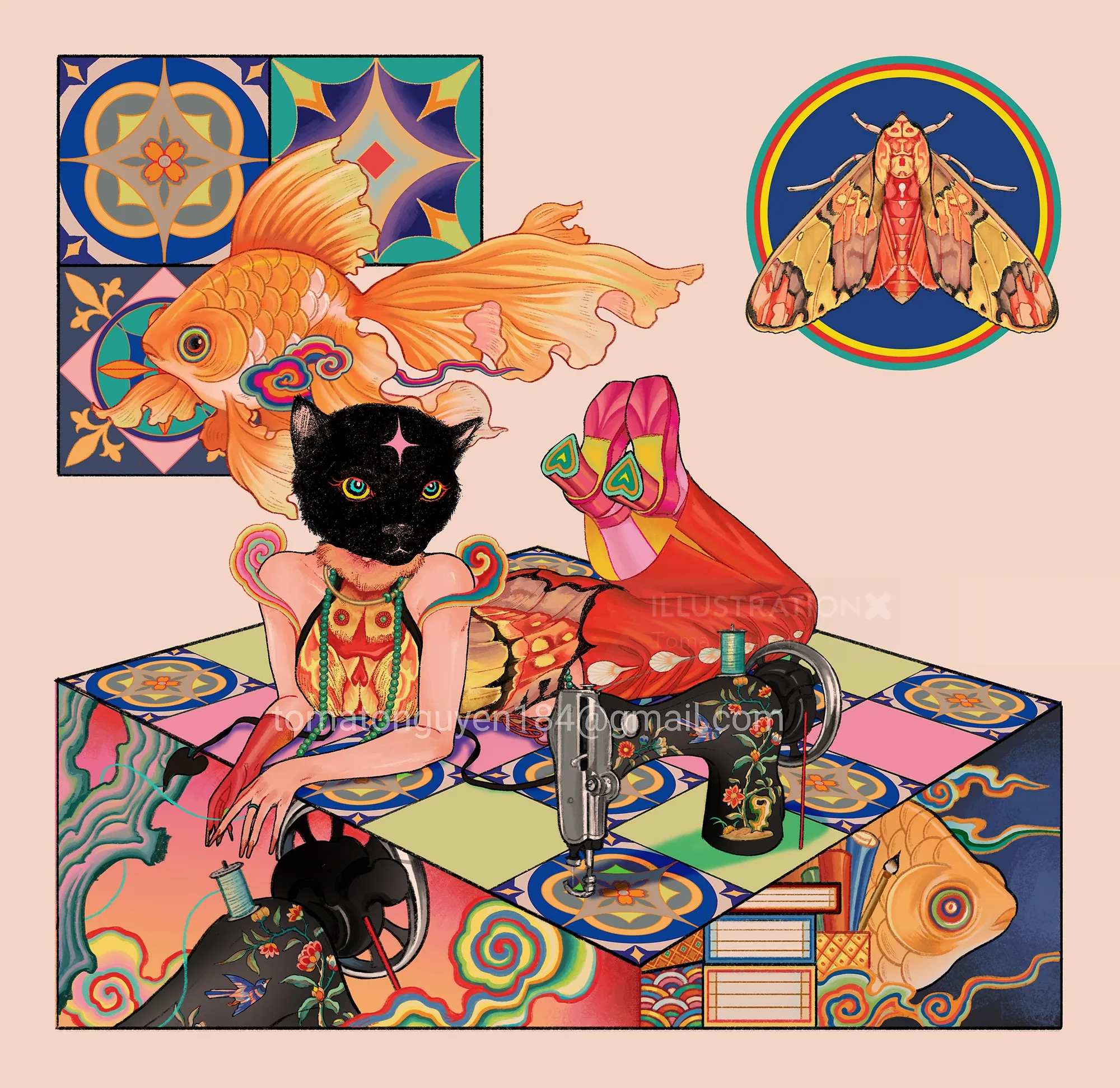 Fashion illustration with black cat head, goldfish, and vintage sewing machine by Toma Nguyen