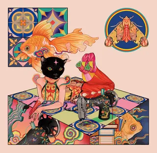 Fashion illustration with black cat head, goldfish, and vintage sewing machine by Toma Nguyen