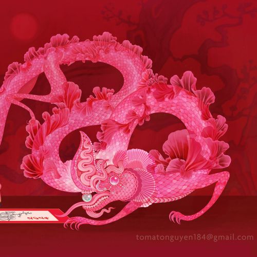 Red traditional dragon with person reading scroll beneath on red background