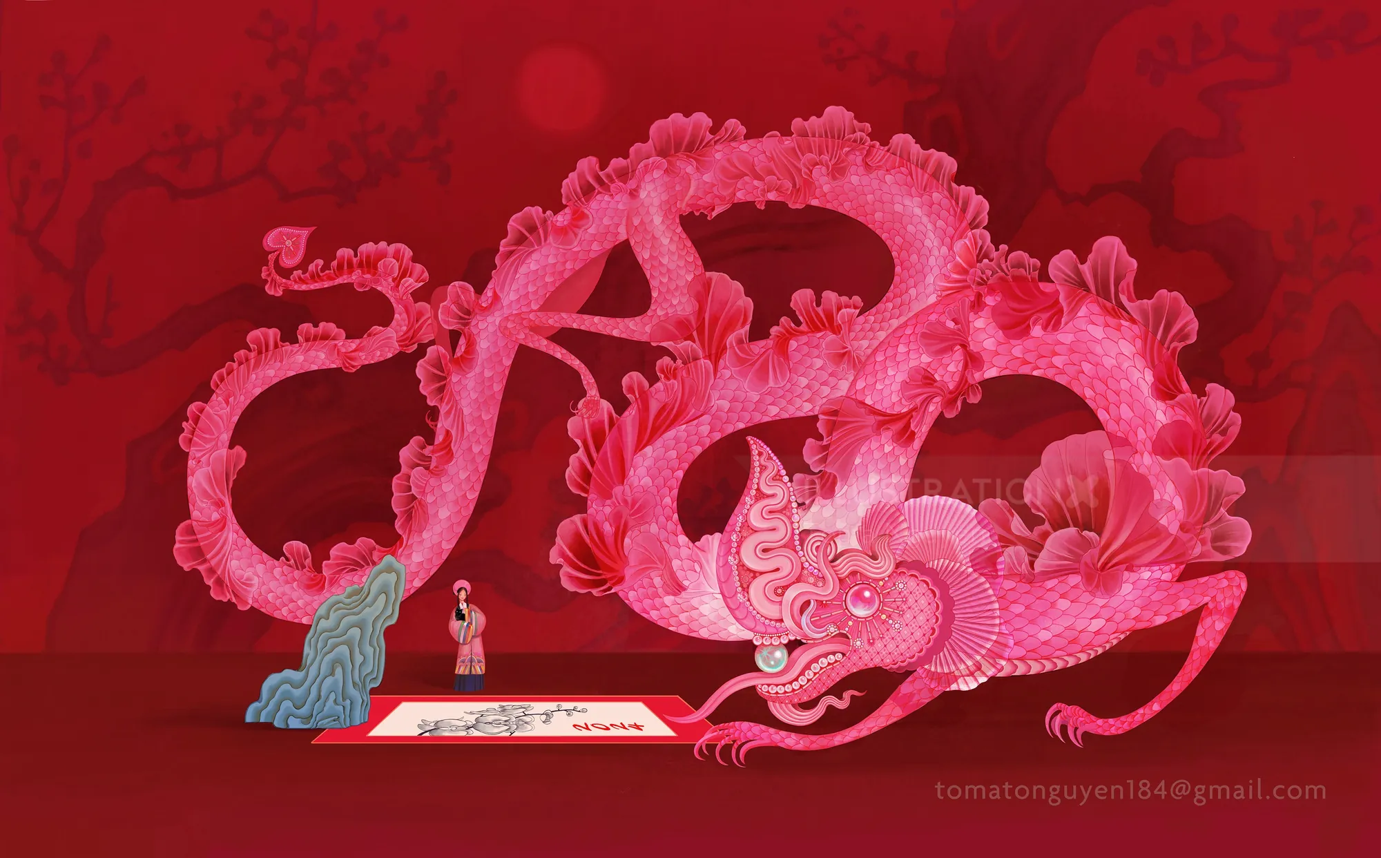Red traditional dragon with person reading scroll beneath on red background