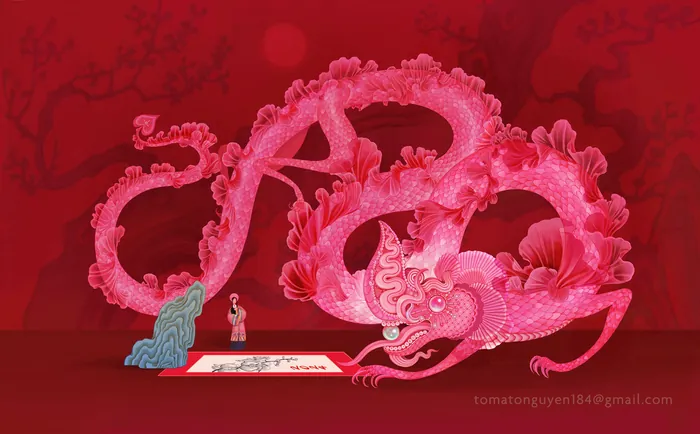 Red traditional dragon with person reading scroll beneath on red background