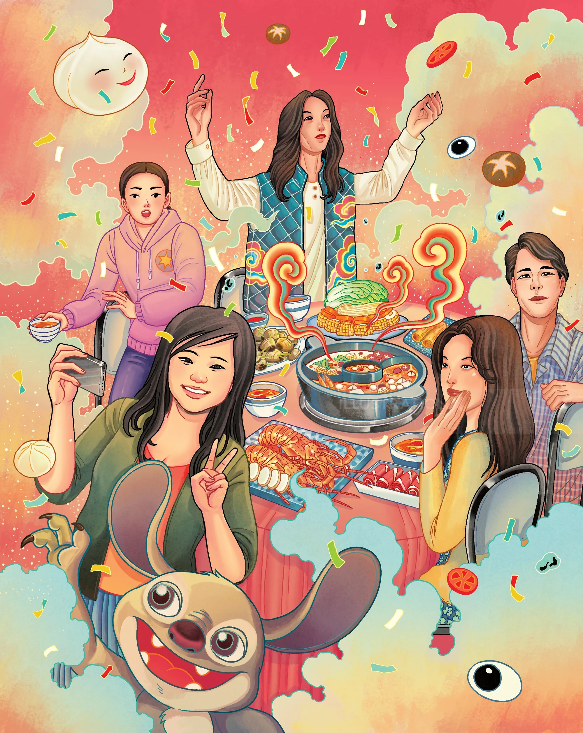 Illustration of Asian family enjoying hot pot dinner together