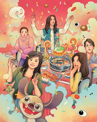 Illustration of Asian family enjoying hot pot dinner together