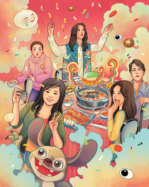 Illustration of Asian family enjoying hot pot dinner together