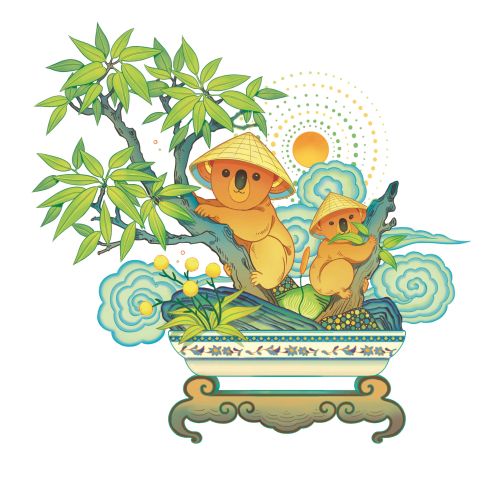 Illustration of koalas wearing Vietnamese hats in a decorative pot