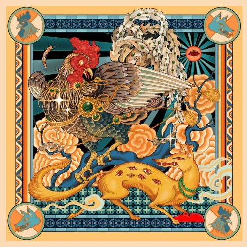 Illustration of a rooster and a fox in a decorative, patterned frame