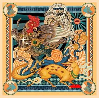 Illustration of a rooster and a fox in a decorative, patterned frame
