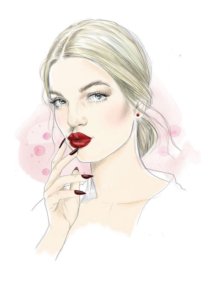 Portrait artwork of a young woman with lipstick