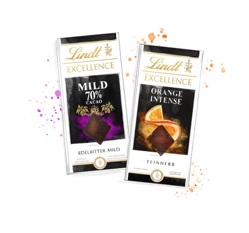 Packaging of Lindt Mild Cacao and Orange Intense chocolates