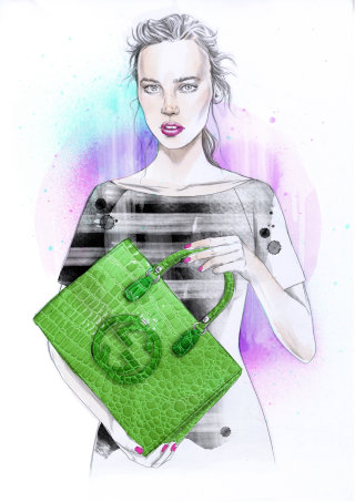 緑のハンドバッグを持つ若い女性のデジタルアート