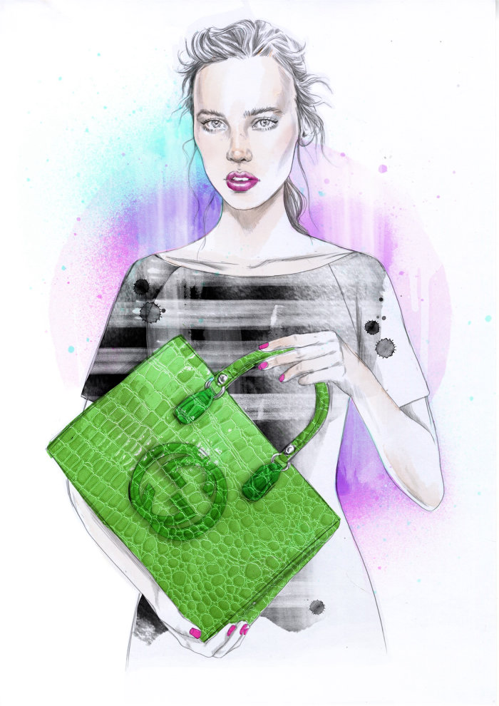 Jovem com uma bolsa de arte digital verde