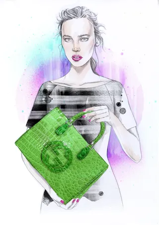 Jovem senhora com uma arte digital de bolsa verde