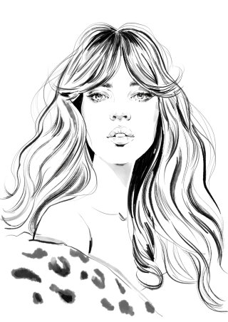 Ilustração em preto e branco do rosto de uma mulher