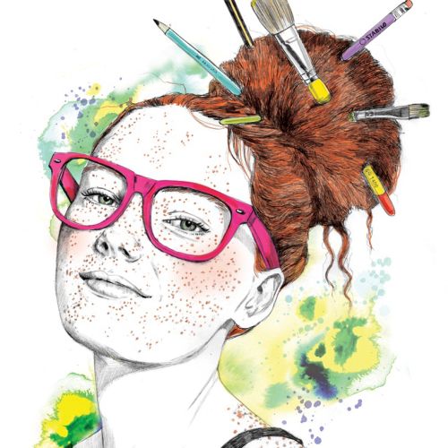 painterly artwork of a girl with brushes in hair
