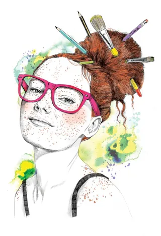 painterly artwork of a girl with brushes in hair